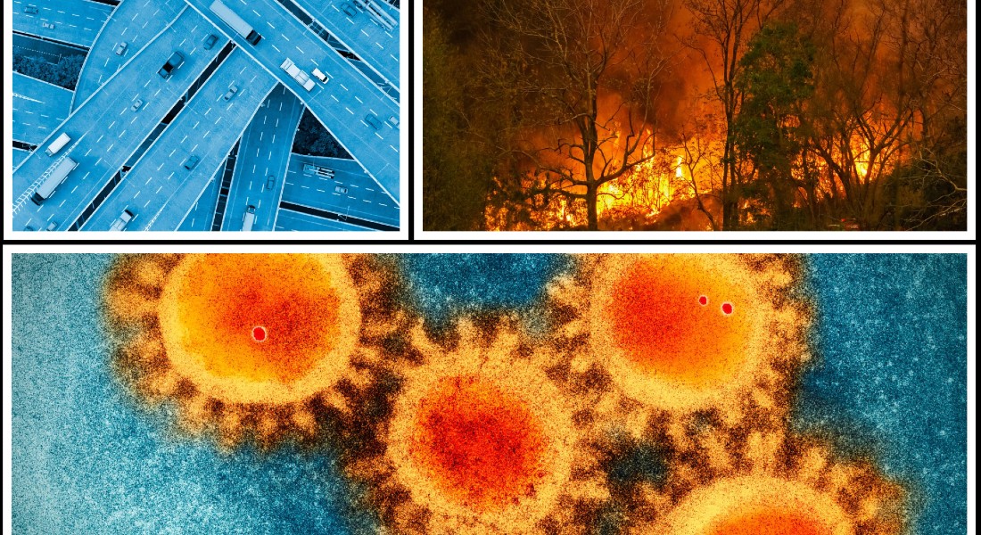 Photos of a burning forest, infrastructure and corona virus
