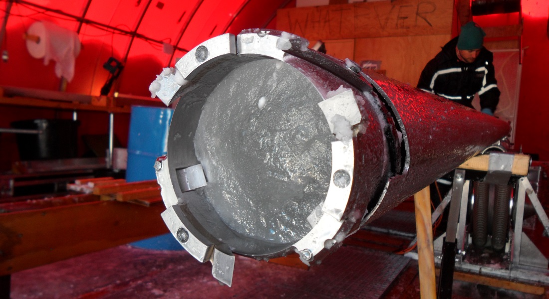 Ice core drilled at the NEEM ice coring project in Greenland. 