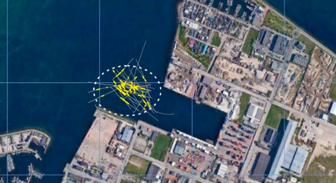 Graphic showing the area where the sounds from flint stone indicate a submerged Stone Age Settlement in Svanemøllen Harbour. By: Ole Grøn