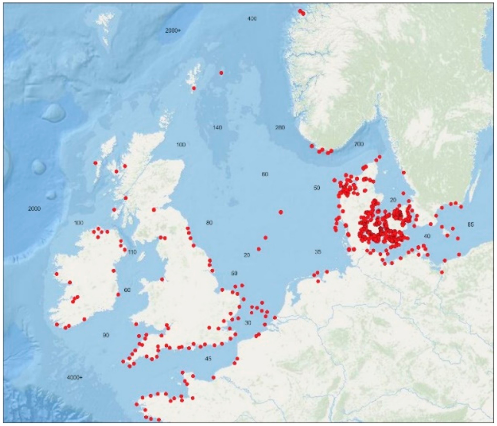 The red dots show submerged Stone Age sites in Northwestern Europe. Graphic: Ole Grøn