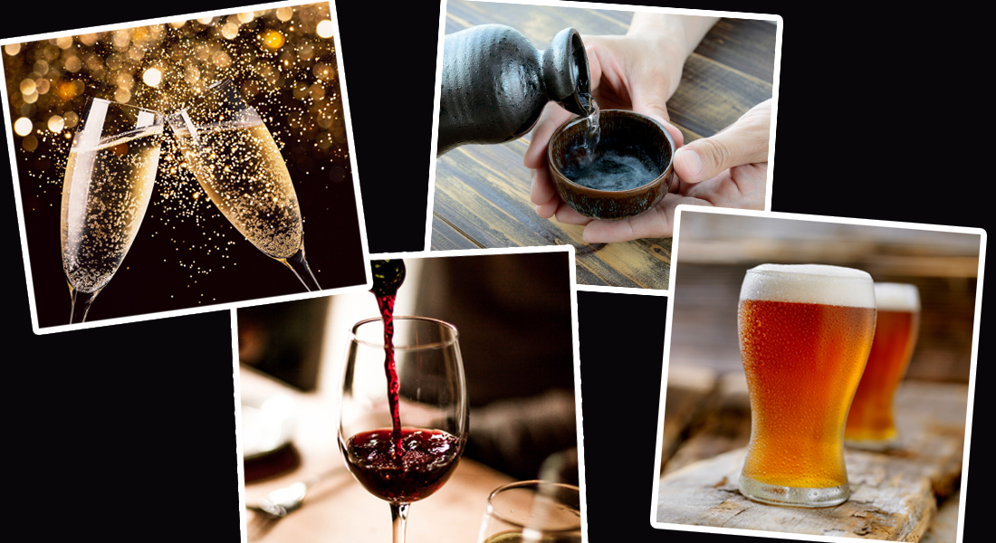 Photocollage of wine, beer, sake and champagne