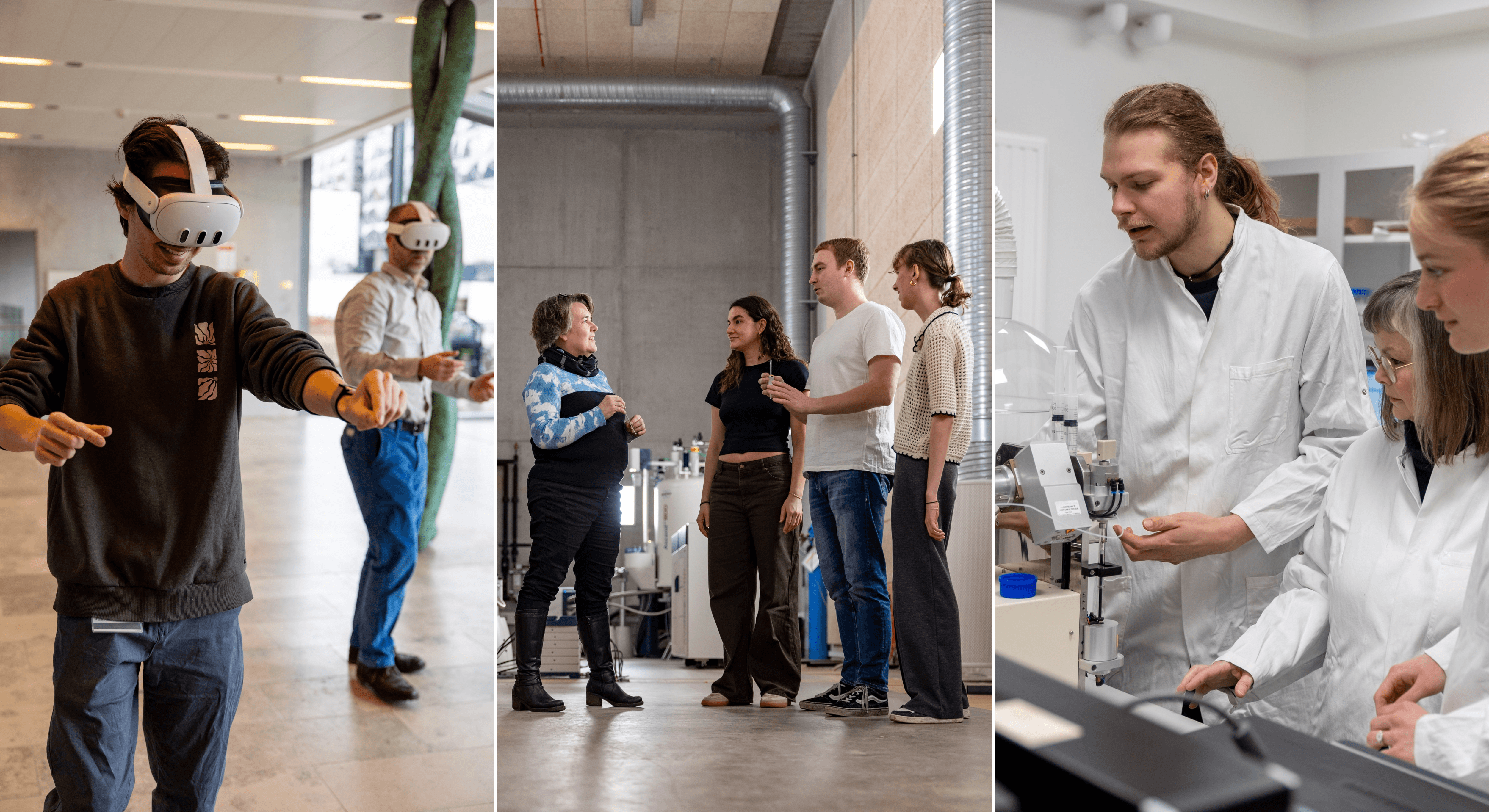 Kresten Lindorff-Larsen med studerende i VR-eksperiment - Birthe B. Kragelund med studerende - Karen Skriver med studerende i laboratorie